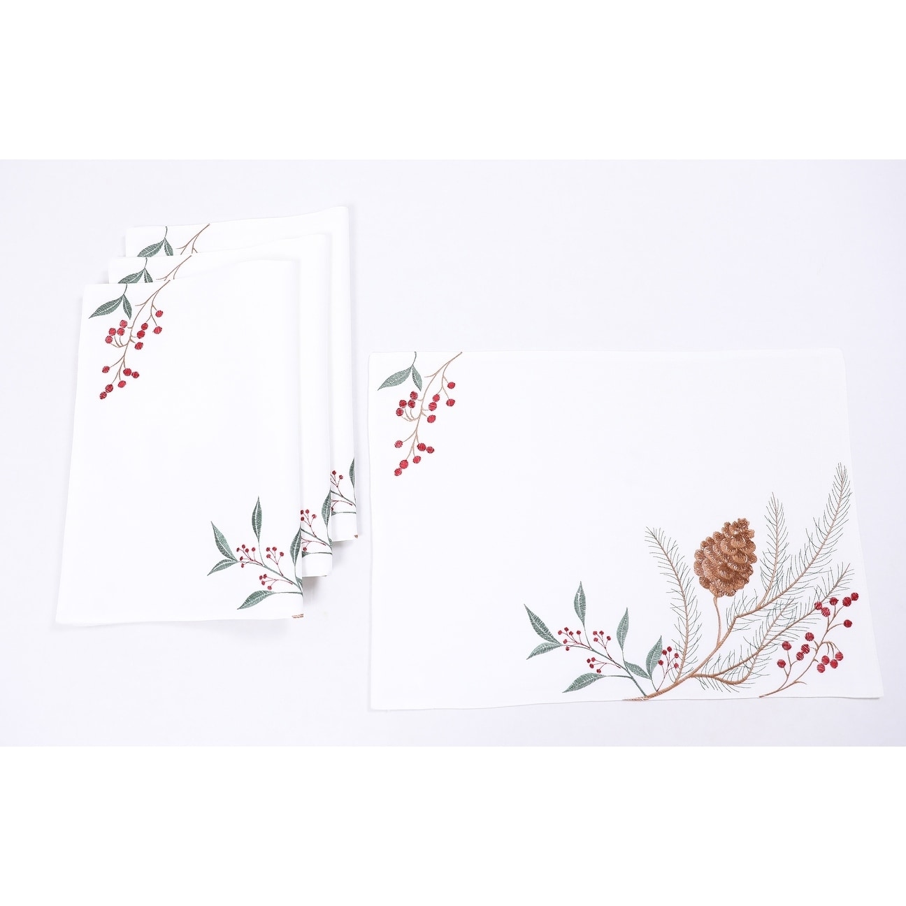 Pinecone And Berry Embroidered Christmas Placemats 14"x20", Set of 4