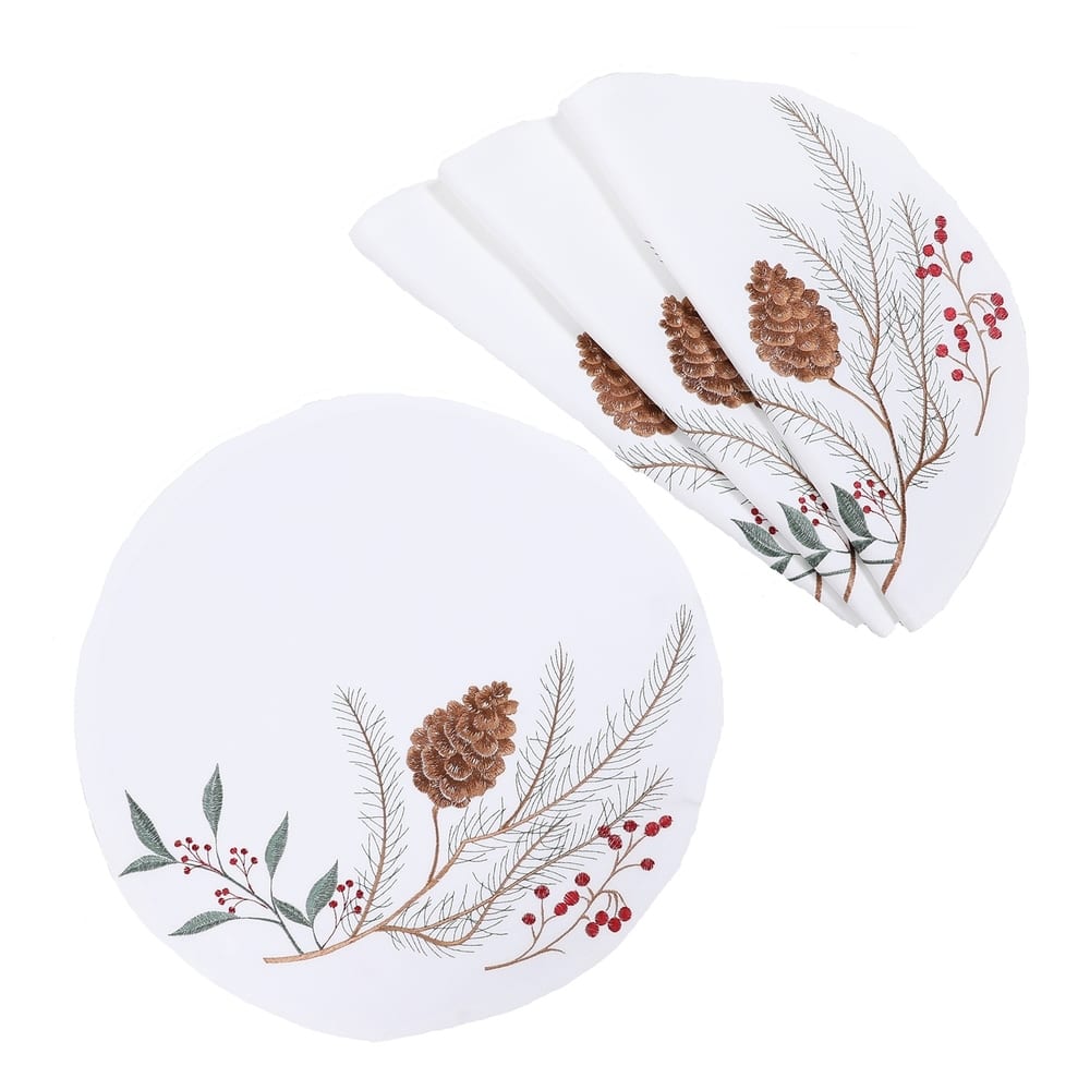 Pinecone And Berry Embroidered Christmas Placemats 14"x20", Set of 4