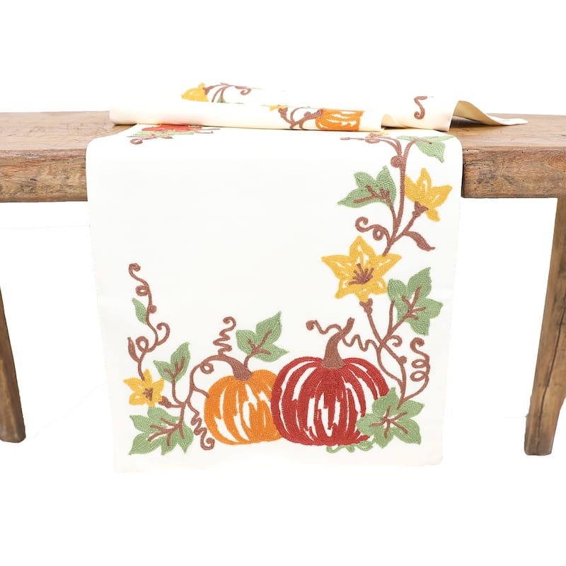Happy Fall Pumpkins Crewel Embroidered Table Runner 16"x36", Cream