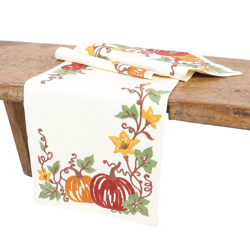 Happy Fall Pumpkins Crewel Embroidered Table Runner 16"x36", Cream