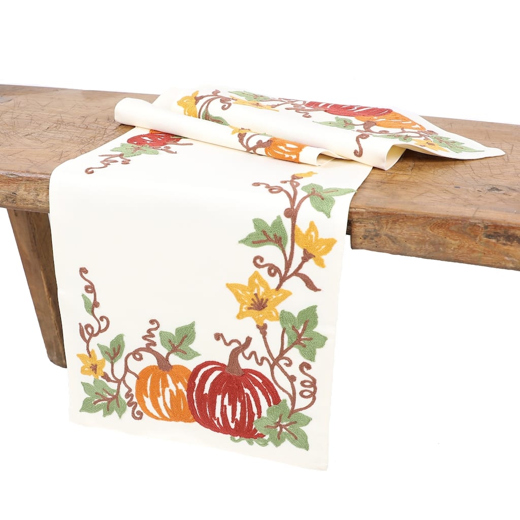Happy Fall Pumpkins Crewel Embroidered Table Runner 16"x36", Cream