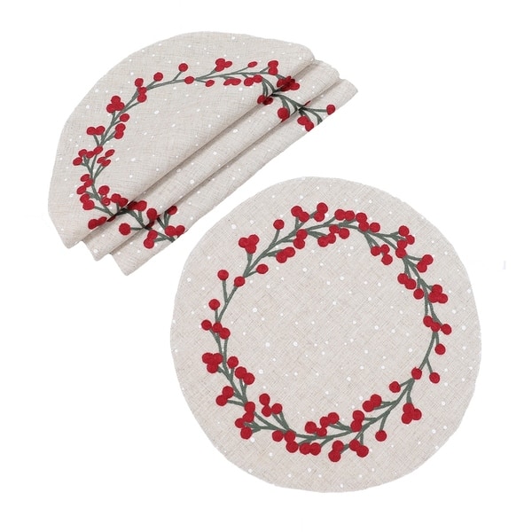 20 in. x 20 in. Holly Berry Branch Crewel Embroidered Christmas Napkins (Set of 4), Linen Blend 20 in. x 20 in. Holly Berry Branch Crewel Embroidered Christmas Napkins (Set of 4), Linen Blend