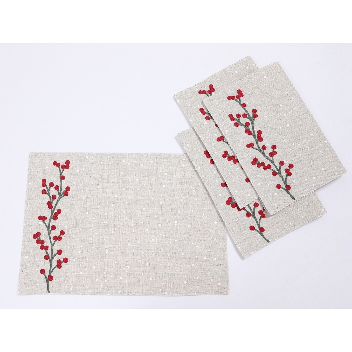Holly Berry Branch Embroidered Christmas Placemats 14"x20", Set of 4