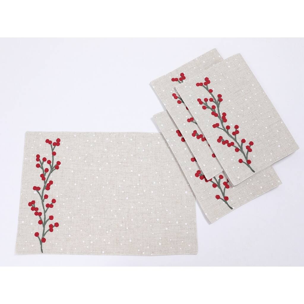 Holly Berry Branch Embroidered Christmas Placemats 14"x20", Set of 4