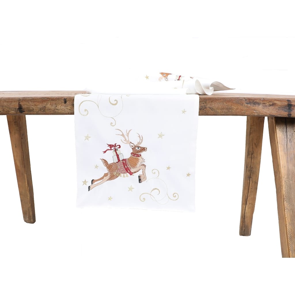 Reindeer With Gifts Embroidered Christmas Table Runner 16 by 36-Inch