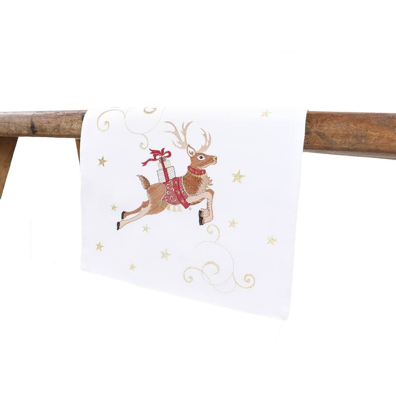 Reindeer With Gifts Embroidered Christmas Table Runner 16 by 36-Inch