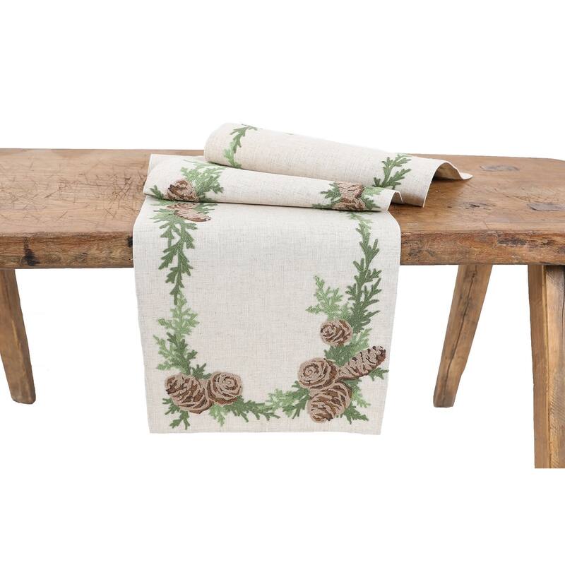 Winter Pine Cones & Branches Crewel Embroidered Table Runner 16"x36"