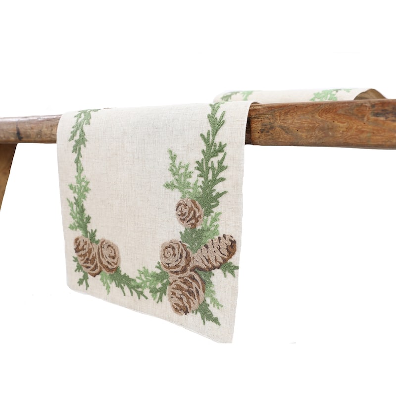 Winter Pine Cones & Branches Crewel Embroidered Table Runner 16"x36"