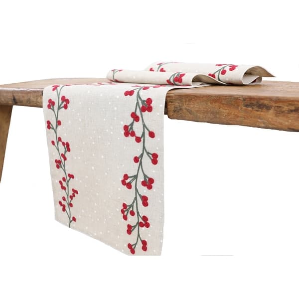 15 in. x 90 in. Holly Berry Branch Crewel Embroidered Christmas Table Runner, Natural 15 in. x 90 in. Holly Berry Branch Crewel Embroidered Christmas Table Runner, Natural