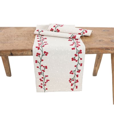 Holly Berry Branch Crewel Embroidered Christmas Table Runner 16"x36"