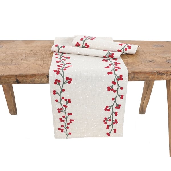 15 in. x 90 in. Holly Berry Branch Crewel Embroidered Christmas Table Runner, Natural 15 in. x 90 in. Holly Berry Branch Crewel Embroidered Christmas Table Runner, Natural