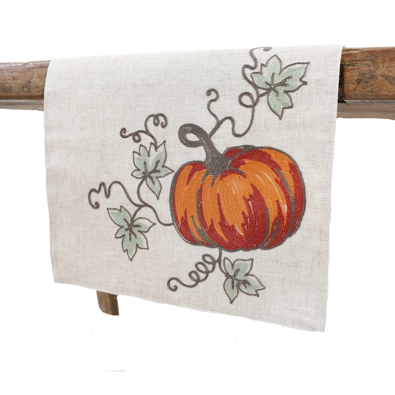 Rustic Pumpkin Crewel Embroidered Fall Table Runner 16 by 36-Inch