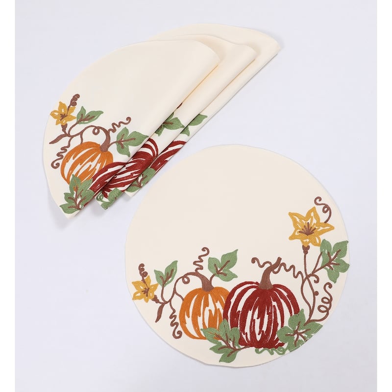 Happy Fall Pumpkins Crewel Embroidered Placemats 14"x20", Set of 4 - 14"x20"