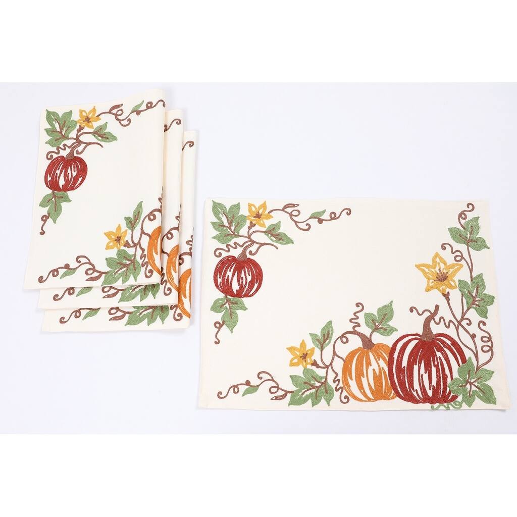 Happy Fall Pumpkins Crewel Embroidered Placemats 14"x20", Set of 4