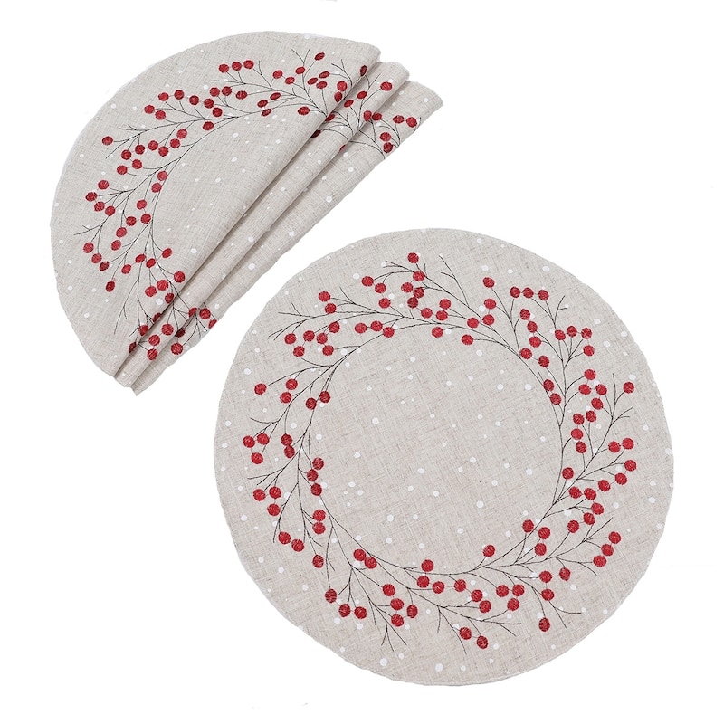 Holly Berry Wreath Christmas Placemats 14"x20", Linen Blend, Set of 4 - 14"x20" - Linen
