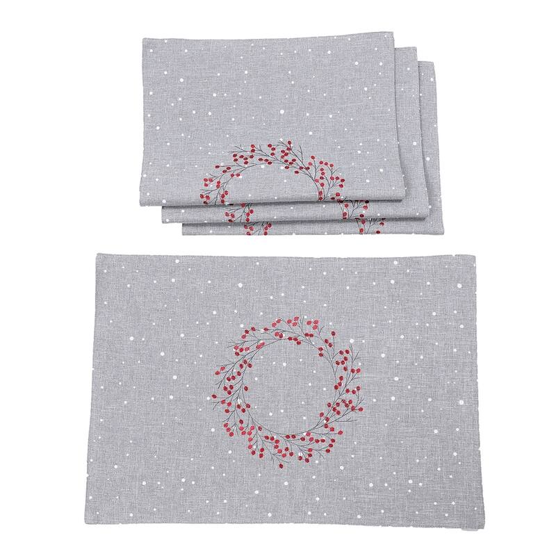 Holly Berry Wreath Christmas Placemats 14"x20", Linen Blend, Set of 4