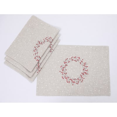 Holly Berry Wreath Christmas Placemats 14"x20", Linen Blend, Set of 4