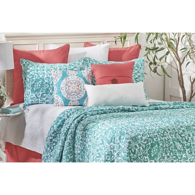 Madison Aqua Blue White Cotton Quilt Set