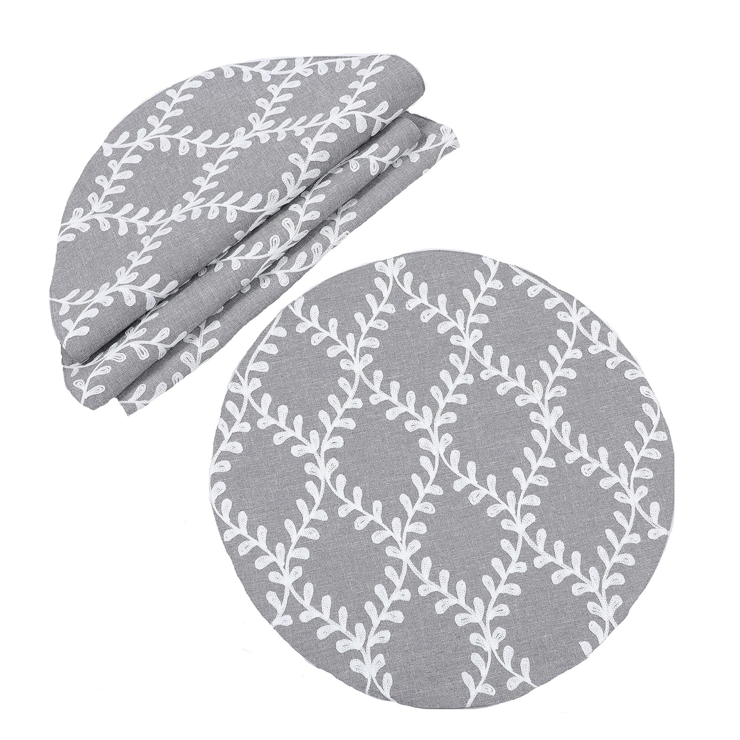 Piluki Leaf Crewel Embroidered Placemats 16-Inch Round, Set of 4