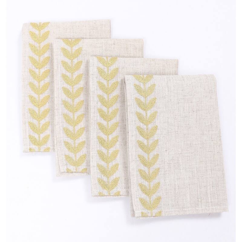 Cute Leaves Crewel Embroidered Napkins 20"x20", Pine Green, Set of 4