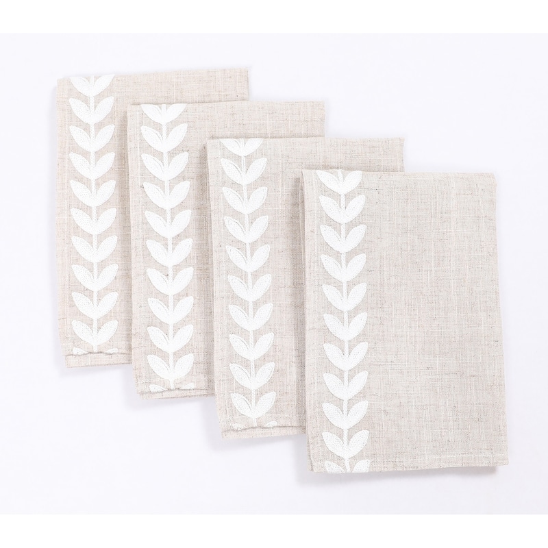 Cute Leaves Crewel Embroidered Napkins 20"x20", Pine Green, Set of 4