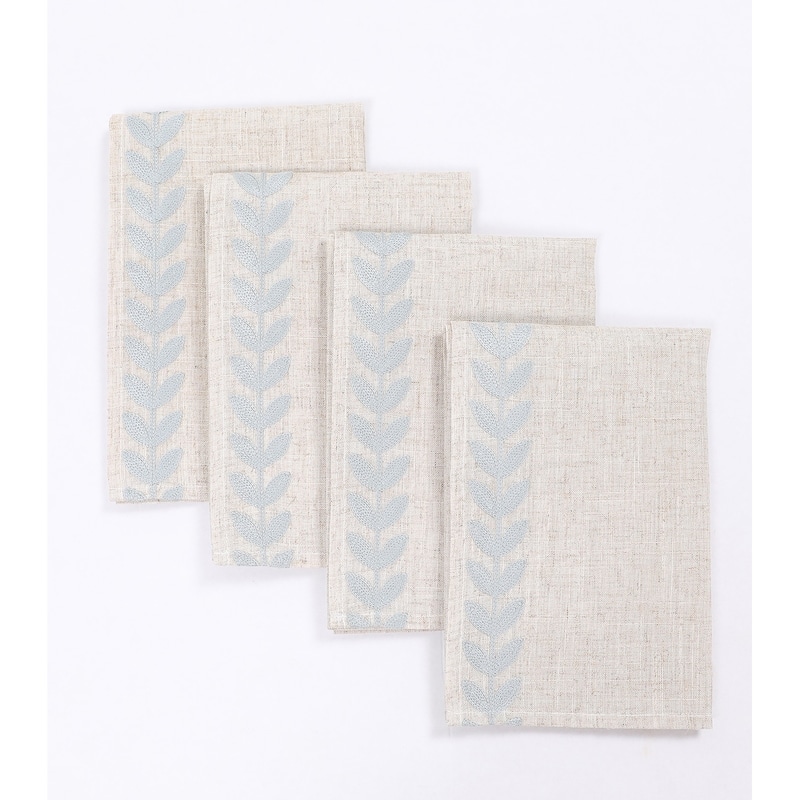 Cute Leaves Crewel Embroidered Napkins 20"x20", Pine Green, Set of 4