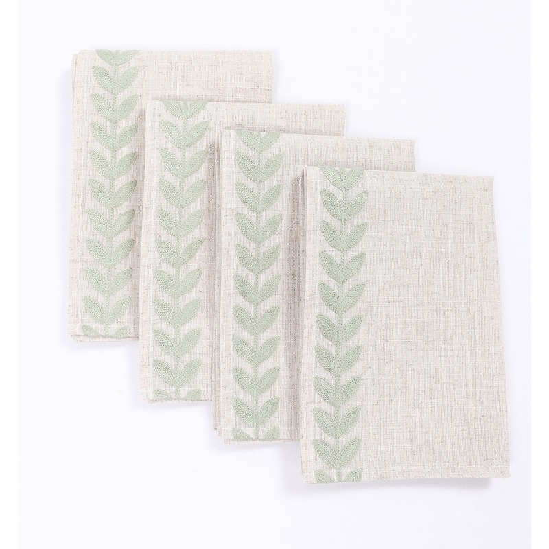 Cute Leaves Crewel Embroidered Napkins 20"x20", Pine Green, Set of 4 - Pine Green