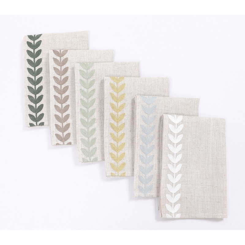 Cute Leaves Crewel Embroidered Napkins 20"x20", Pine Green, Set of 4