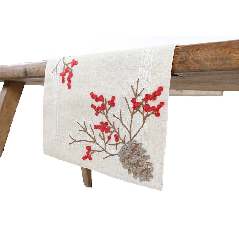 Christmas Pine Cone Crewel Embroidered Table Runner 16 by 36-Inch