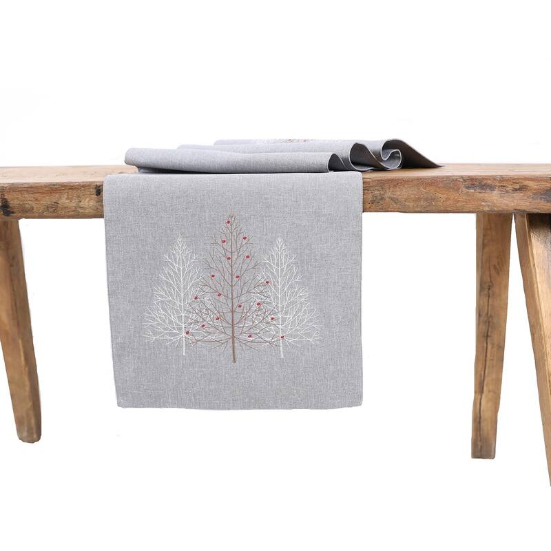 Festive Trees Embroidered Christmas Table Runner 16 by 36-Inch, White - 16"x36" - White