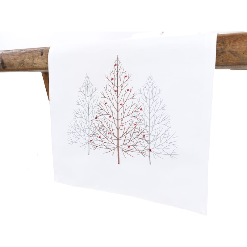 Festive Trees Embroidered Christmas Table Runner 16 by 36-Inch, White