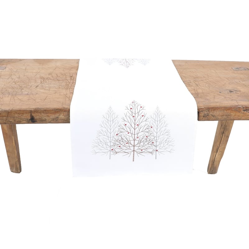Festive Trees Embroidered Christmas Table Runner 16 by 36-Inch, White