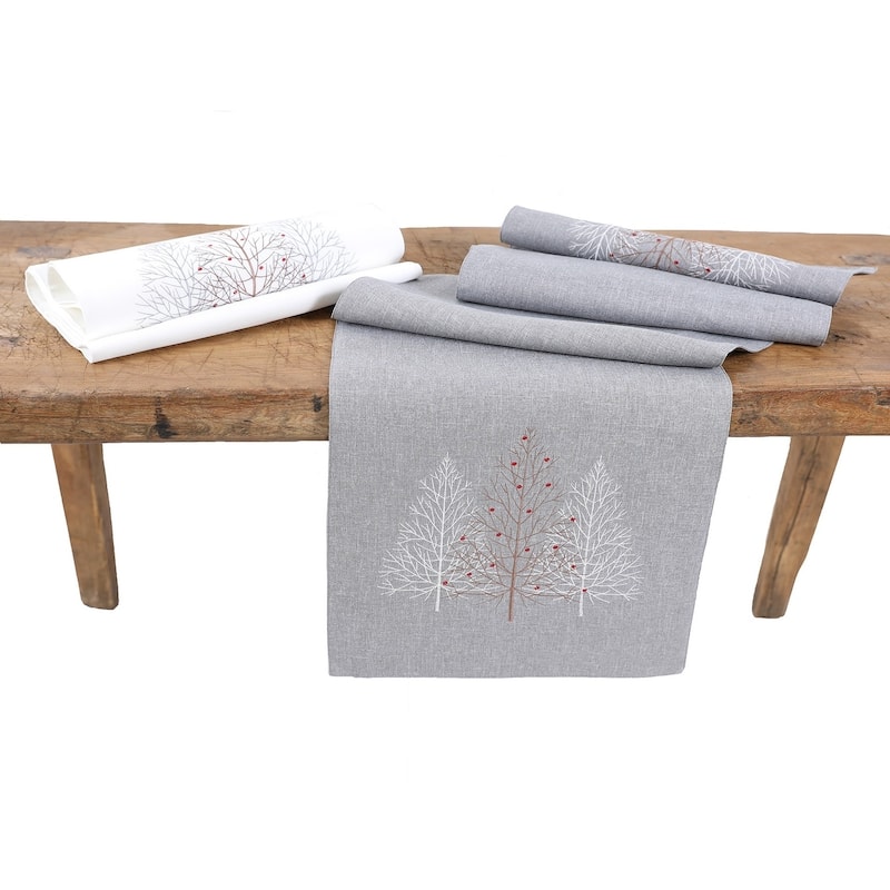 Festive Trees Embroidered Christmas Table Runner 16 by 36-Inch, White