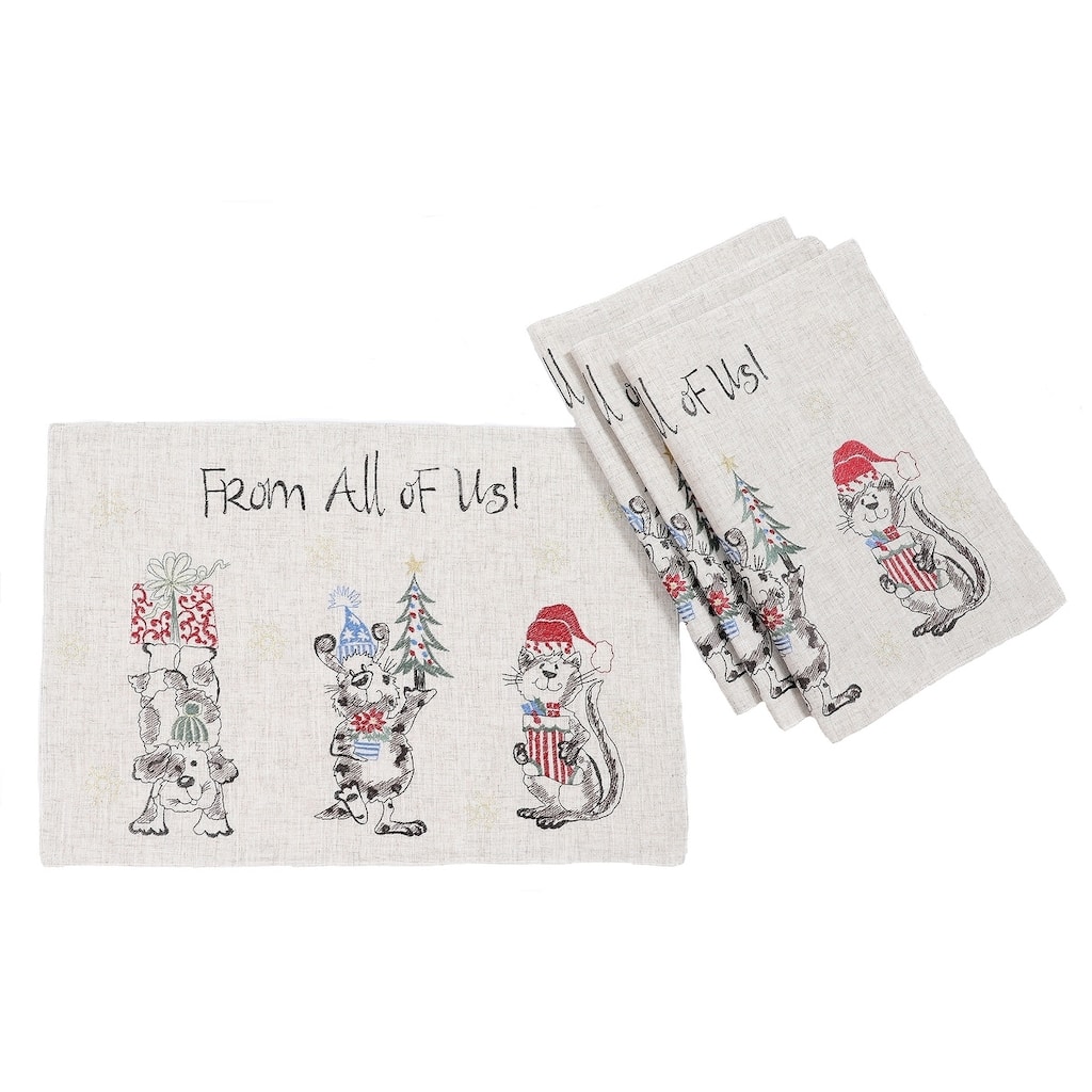 Animal's Fun Holiday Party Embroidered Placemats 14"x20", Set of 4