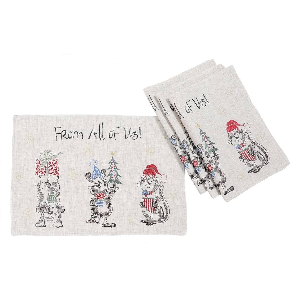 Animal's Fun Holiday Party Embroidered Placemats 14"x20", Set of 4