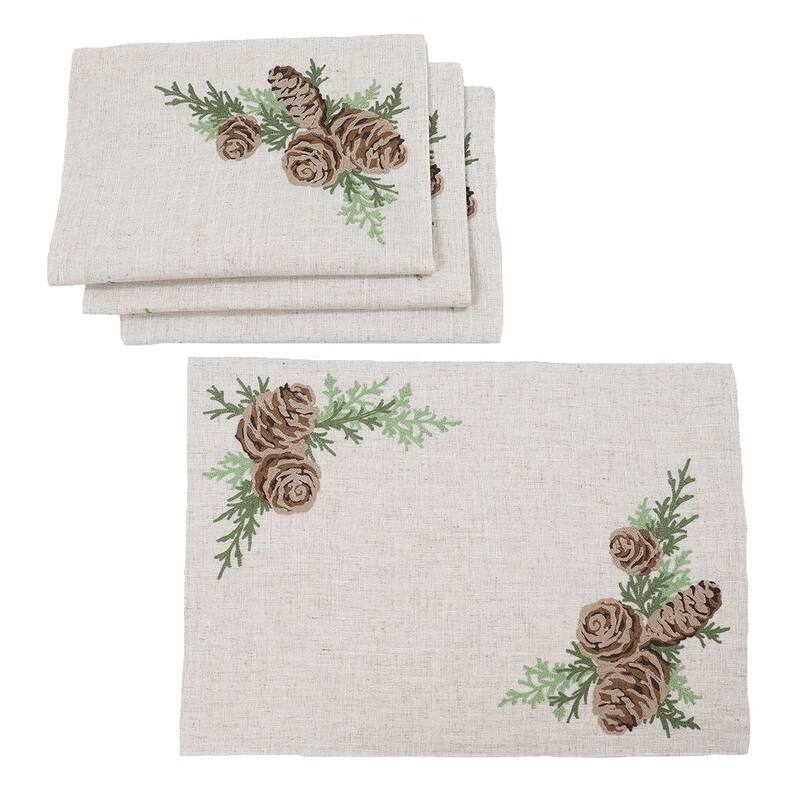 Winter Pine Cones & Branches Embroidered Placemats 14"x20", Set of 4