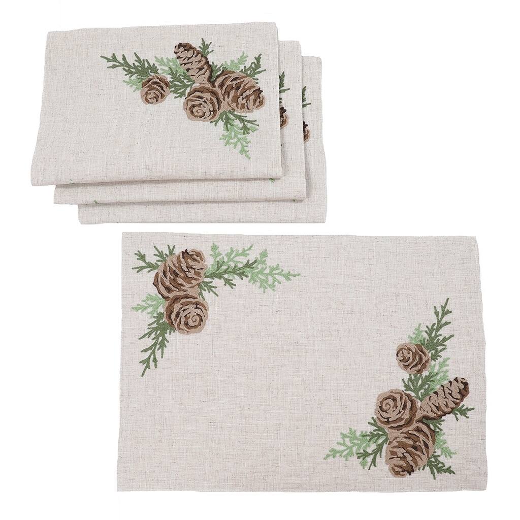 Winter Pine Cones & Branches Embroidered Placemats 14"x20", Set of 4