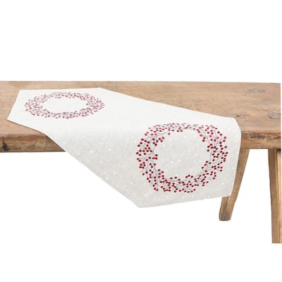 Holly Berry Wreath Christmas Table Runner 16"x36", Linen Blend