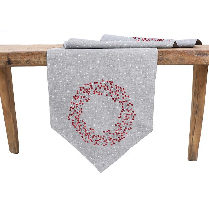 Holly Berry Wreath Christmas Table Runner 16"x36", Linen Blend