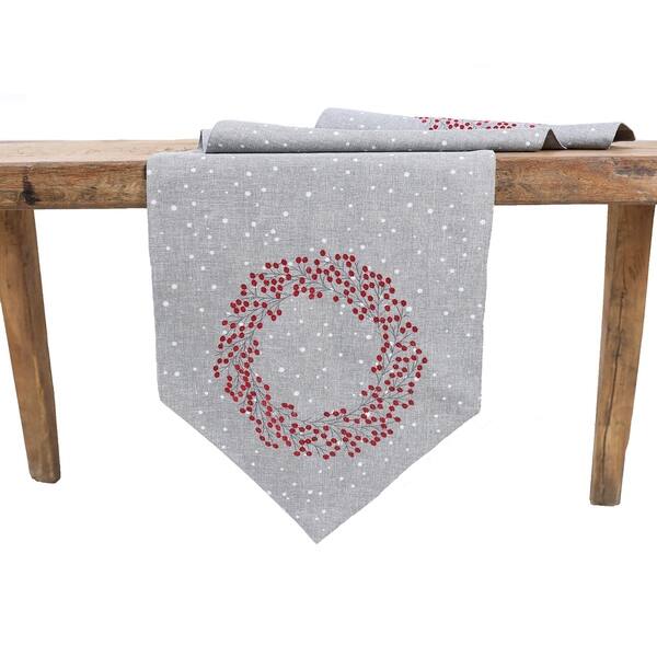 16 in. x 36 in. Holly Berry Wreath Embroidered Christmas Table Runner, Gray 16 in. x 36 in. Holly Berry Wreath Embroidered Christmas Table Runner, Gray