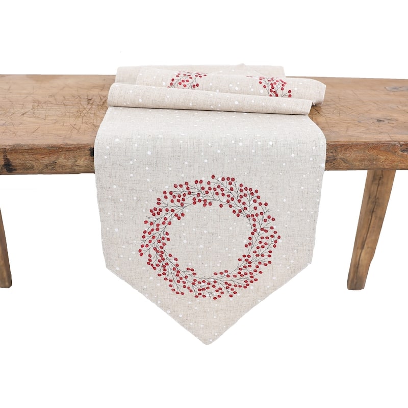 Holly Berry Wreath Christmas Table Runner 16"x36", Linen Blend