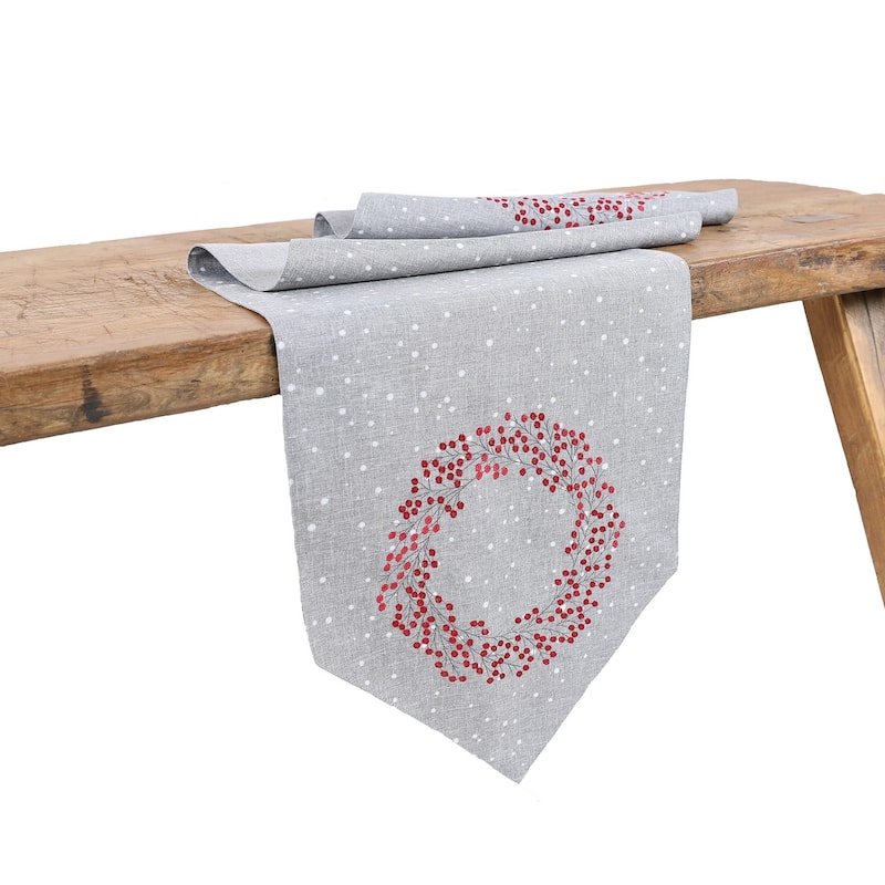 Holly Berry Wreath Christmas Table Runner 16"x36", Linen Blend - 16"x36" - Linen
