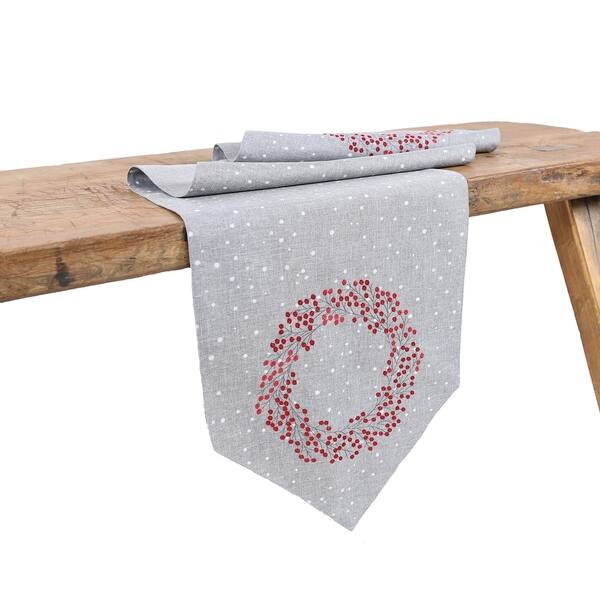 16 in. x 36 in. Holly Berry Wreath Embroidered Christmas Table Runner, Gray 16 in. x 36 in. Holly Berry Wreath Embroidered Christmas Table Runner, Gray