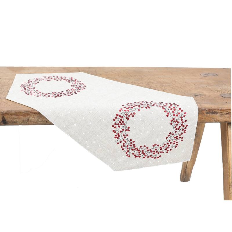 Holly Berry Wreath Christmas Table Runner 16"x36", Linen Blend