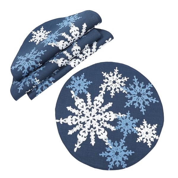 Linen Placemats, Hello Winter Theme Blue Snowflake Pattern