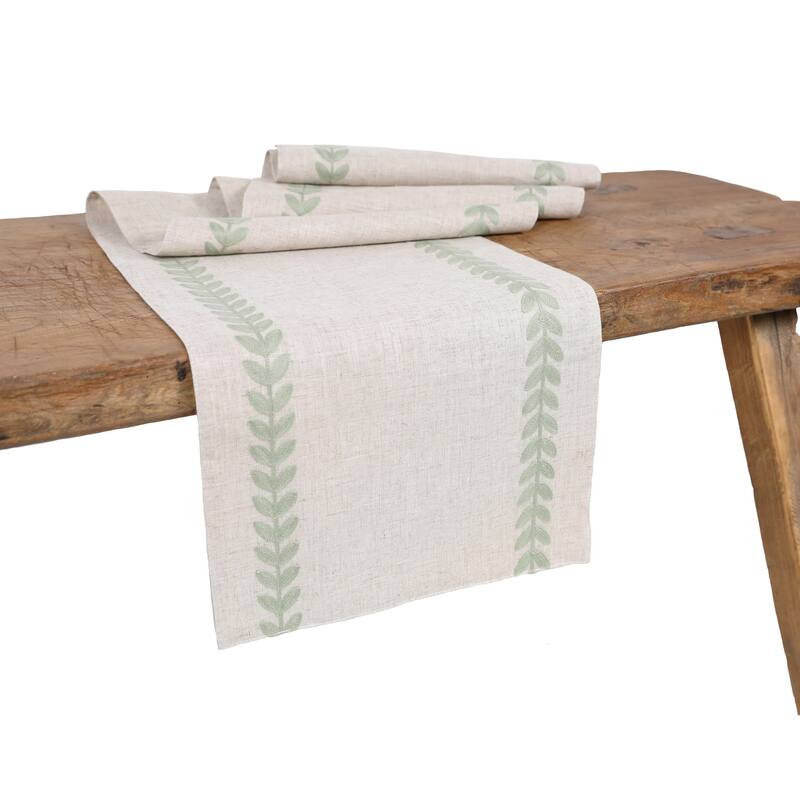 Cute Leaves Crewel Embroidered Table Runner 15 by 70-Inch, Pine Green - 15"x70" - Pine Green/Natural
