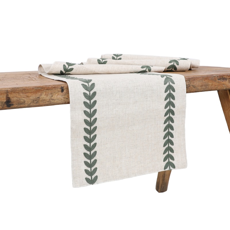 Cute Leaves Crewel Embroidered Table Runner 15 by 70-Inch, Pine Green