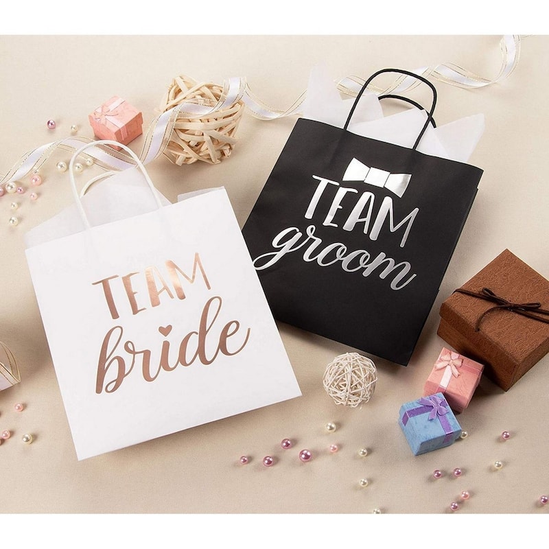 Sparkle and Bash 20 Pack Bride and Groom Gift Bags with Tissue Paper for Wedding, 8 x 4 x 9 In