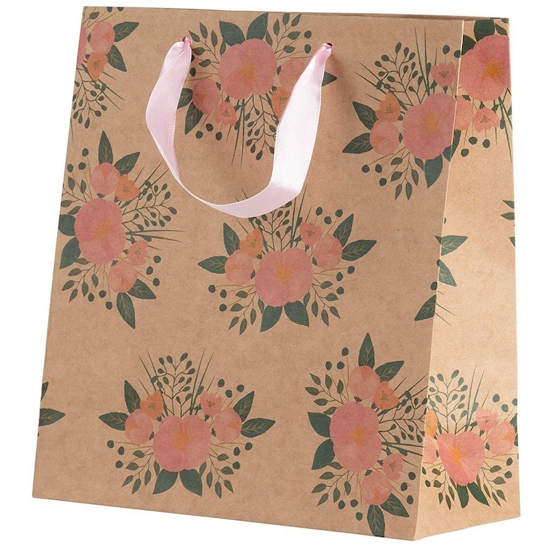 Juvale 24 Pack Kraft Paper Floral Gift Bags with Pink Ribbon Handles, 2 Designs, 9 x 8"