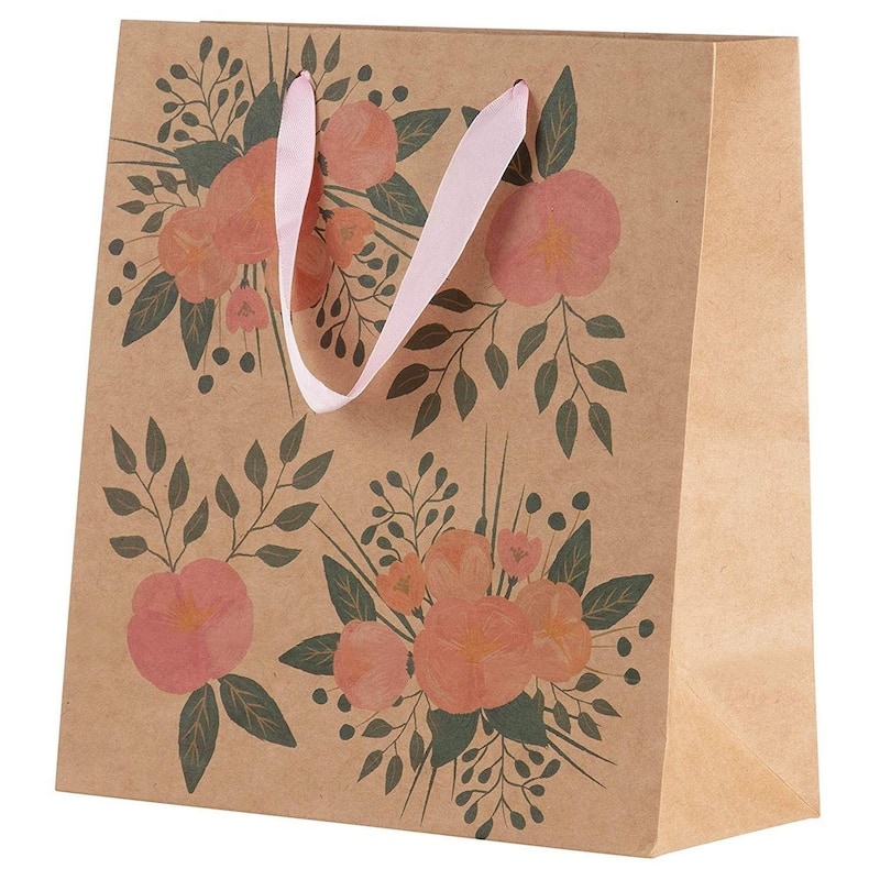 Juvale 24 Pack Kraft Paper Floral Gift Bags with Pink Ribbon Handles, 2 Designs, 9 x 8"